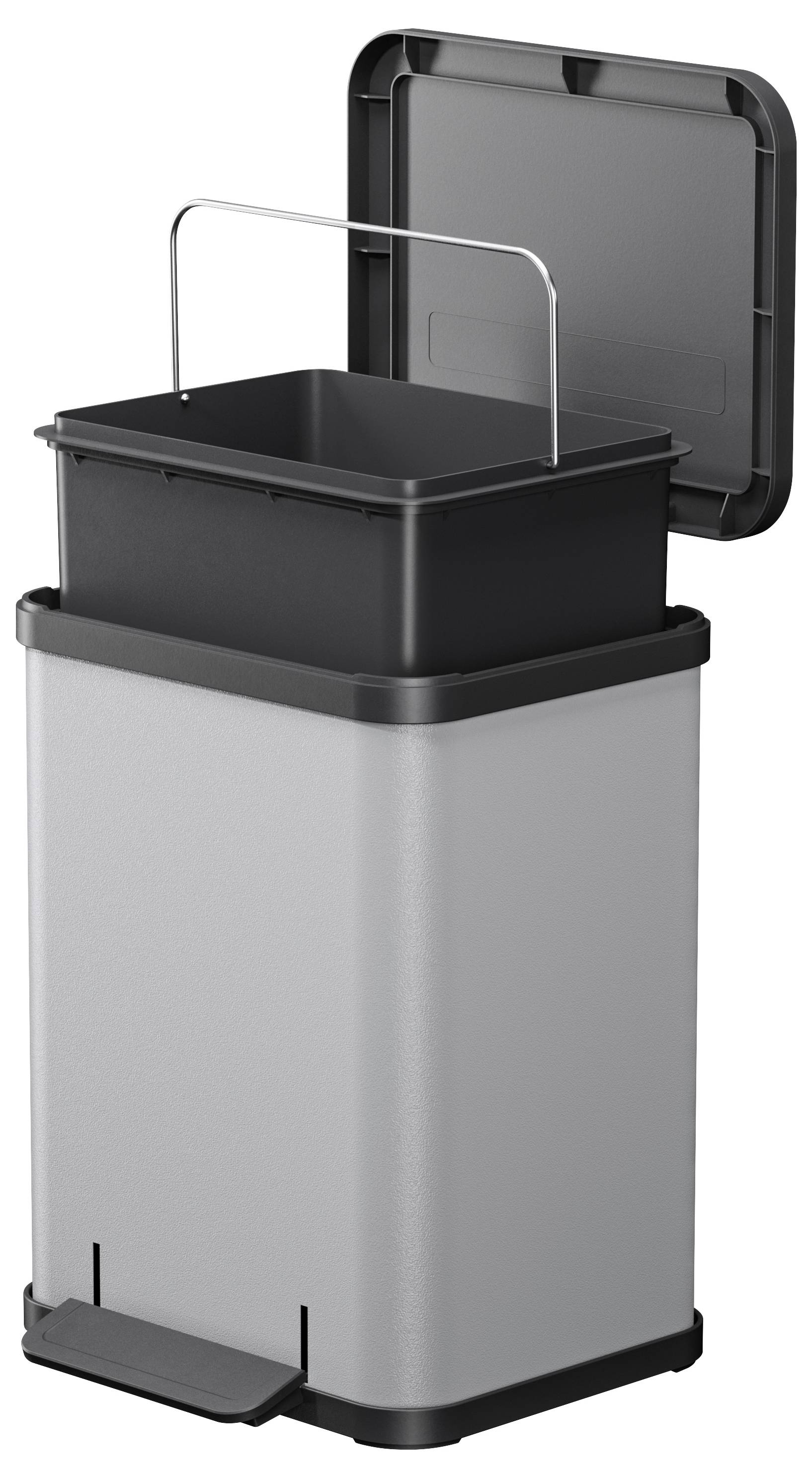 Ein grauer Mülleimer mit Deckel geöffnet. Innen befindet sich ein herausnehmbarer schwarzer Einsatz mit Griff. Unten ist ein Fußpedal.