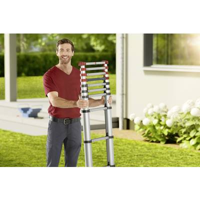 Ein Mann steht draußen neben einem Haus und hält eine zusammengeklappte Teleskopleiter. Im Hintergrund sind Blumen und Gras zu sehen.