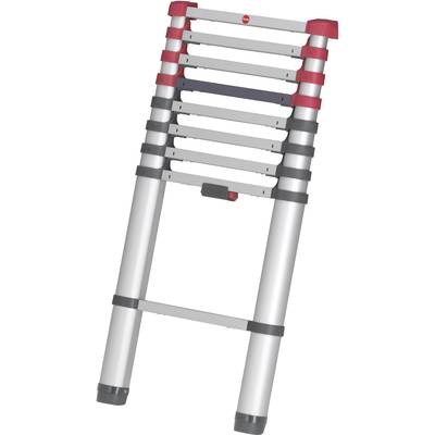 Eine zusammenklappbare Teleskopleiter aus Aluminium mit roten und schwarzen Akzenten, ausgefahren und einsatzbereit.