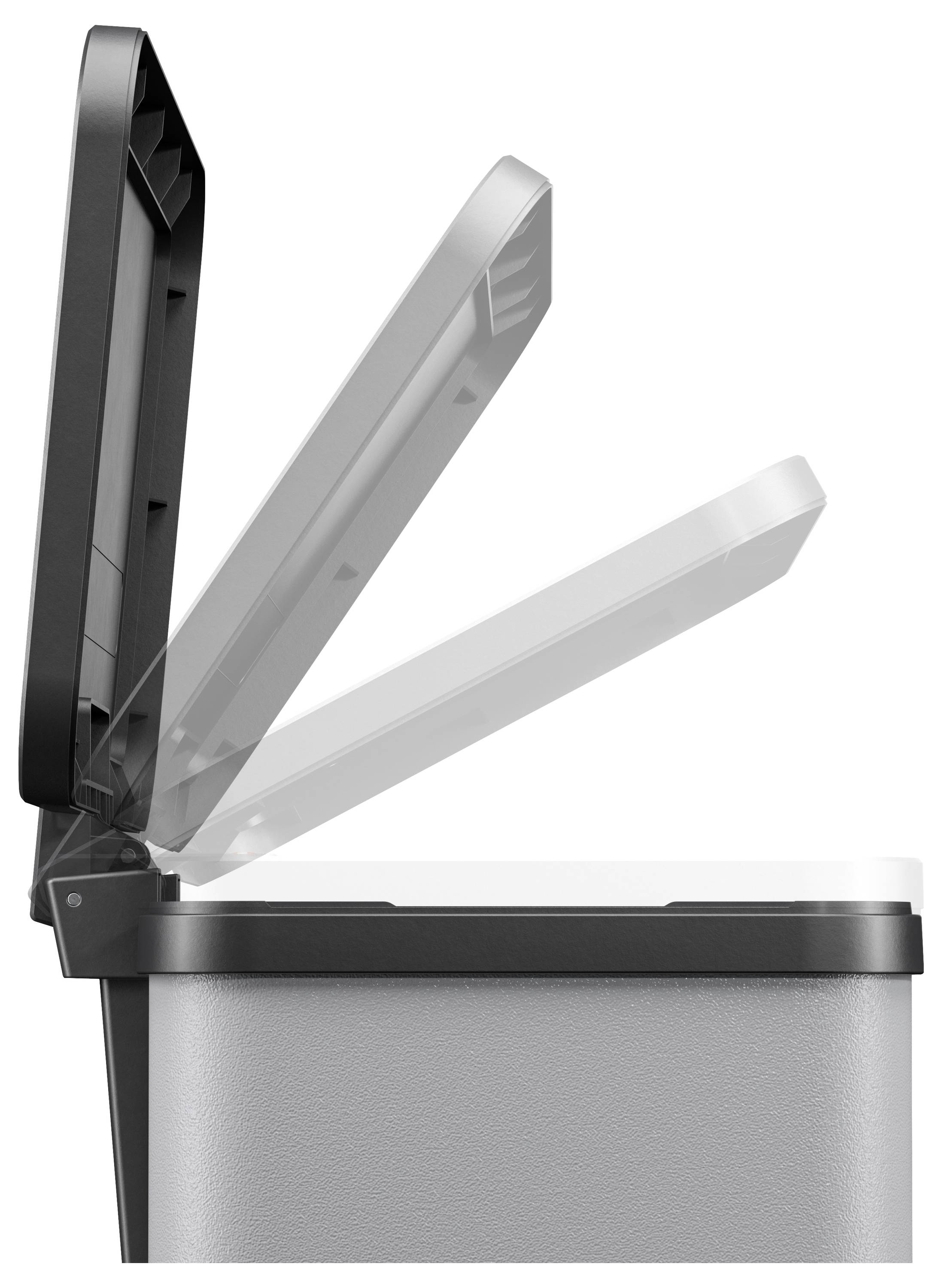 Ein grauer Mülleimer mit einem sich öffnenden Deckel in drei Positionen.