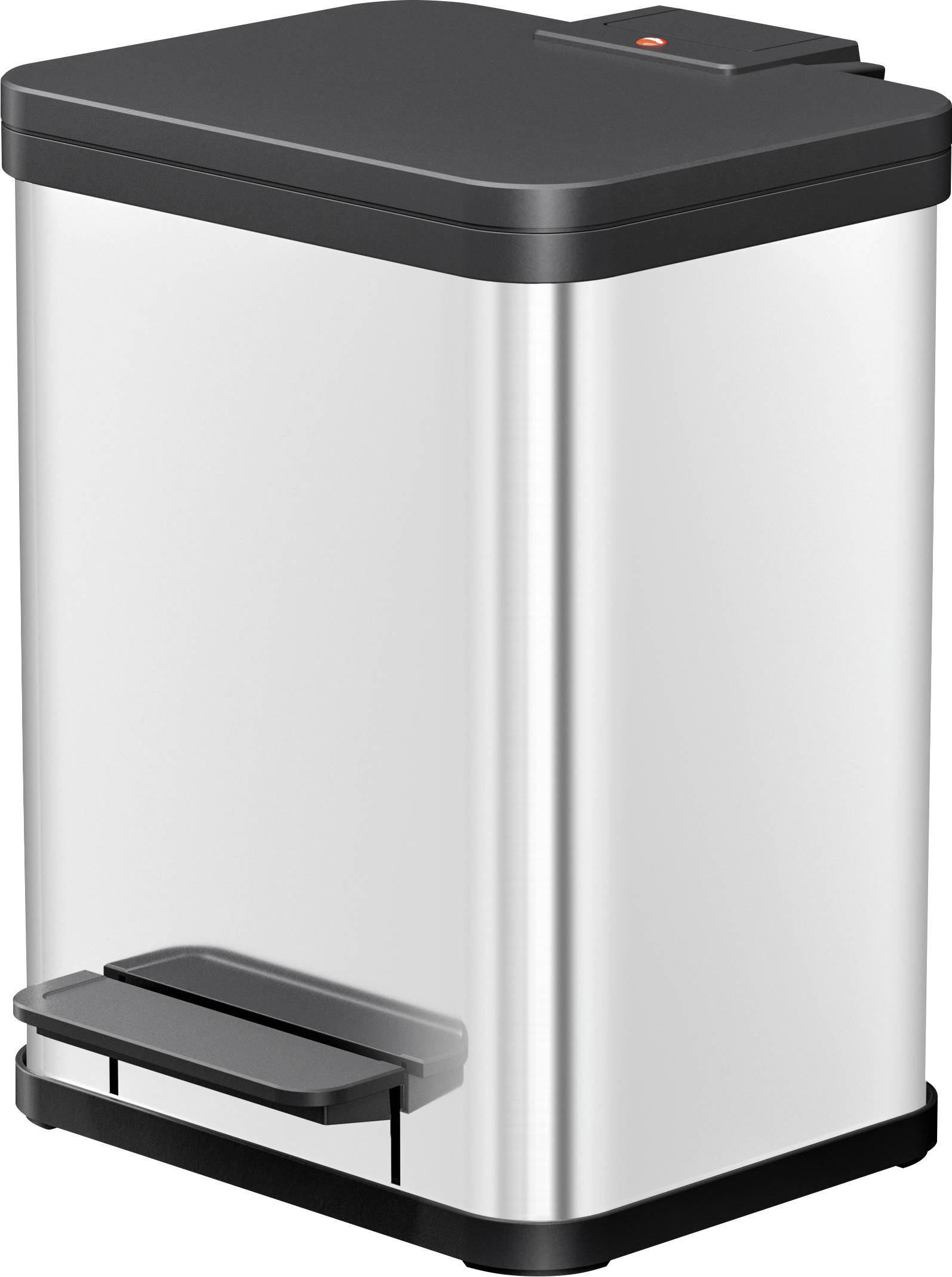 Metalleimer mit rechteckiger Form und Pedalmechanismus zur Müllentsorgung. Hauptsächlich aus Edelstahl, mit schwarzem Deckel und Boden.