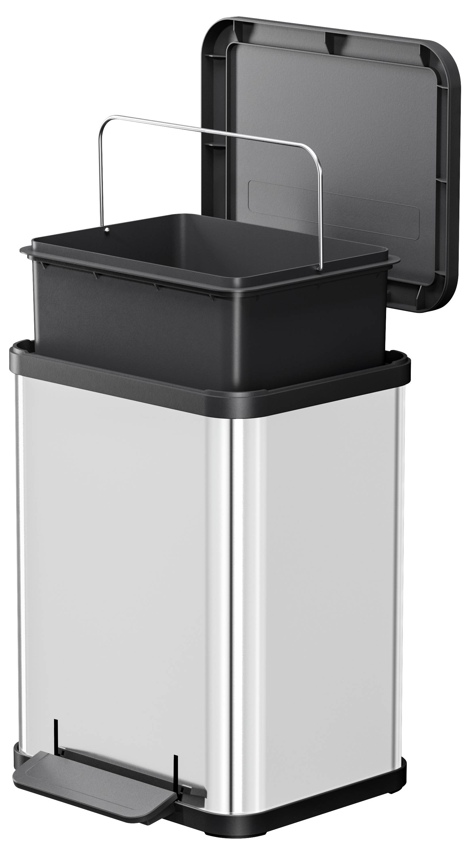 Silberfarbiger, rechteckiger Mülleimer mit schwarzem Innenbehälter und Pedalöffnung, Deckel geöffnet. Ideal für Küche oder Büro.