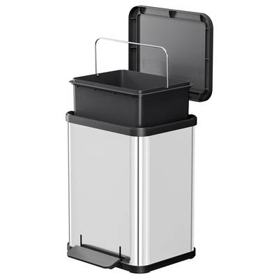 Silberfarbiger, rechteckiger Mülleimer mit schwarzem Innenbehälter und Pedalöffnung, Deckel geöffnet. Ideal für Küche oder Büro.