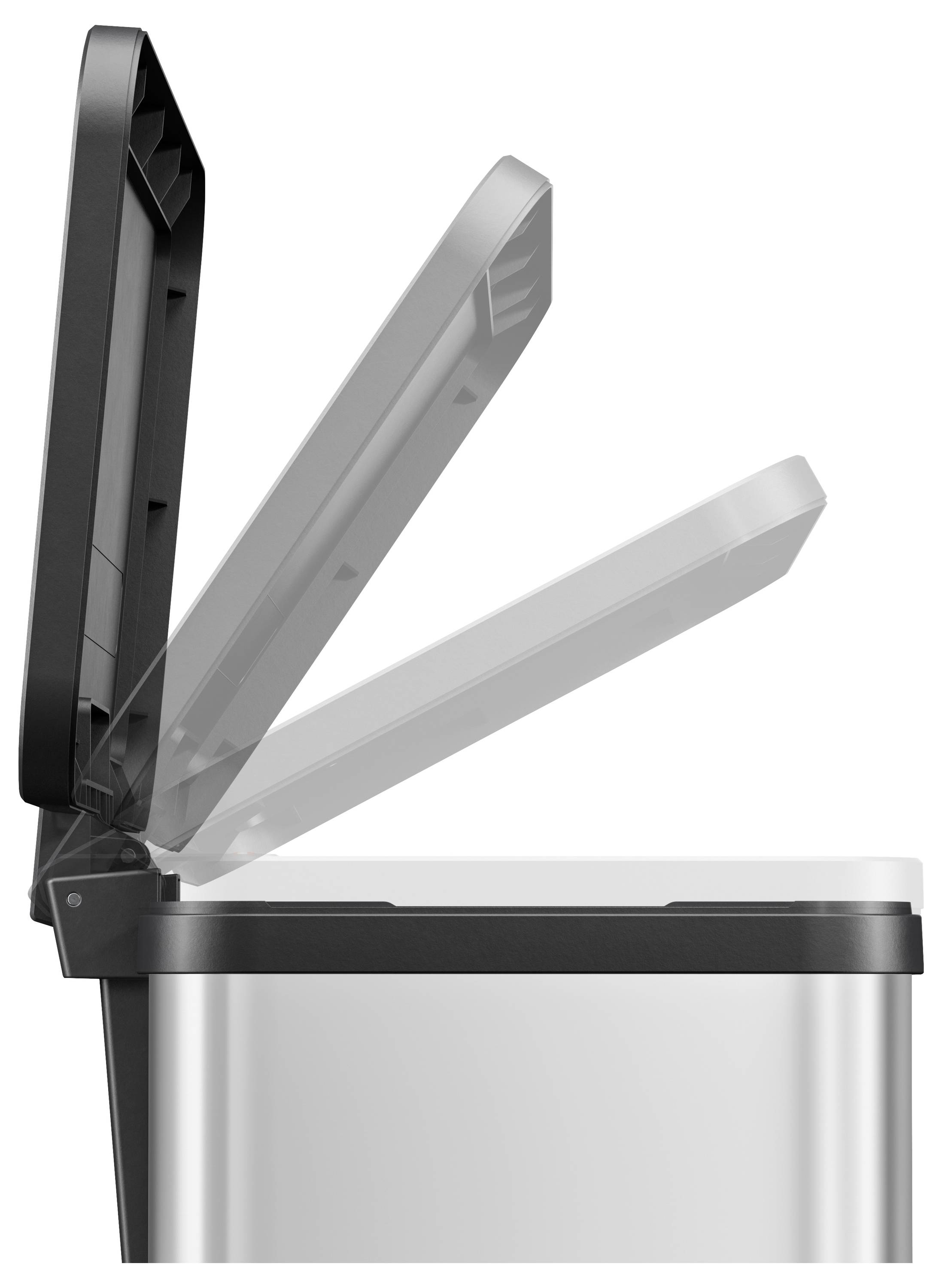 Ein Mülleimer mit einem sich öffnenden Deckel. Der Mechanismus zeigt verschiedene Stellungen, die den Öffnungsprozess demonstrieren.