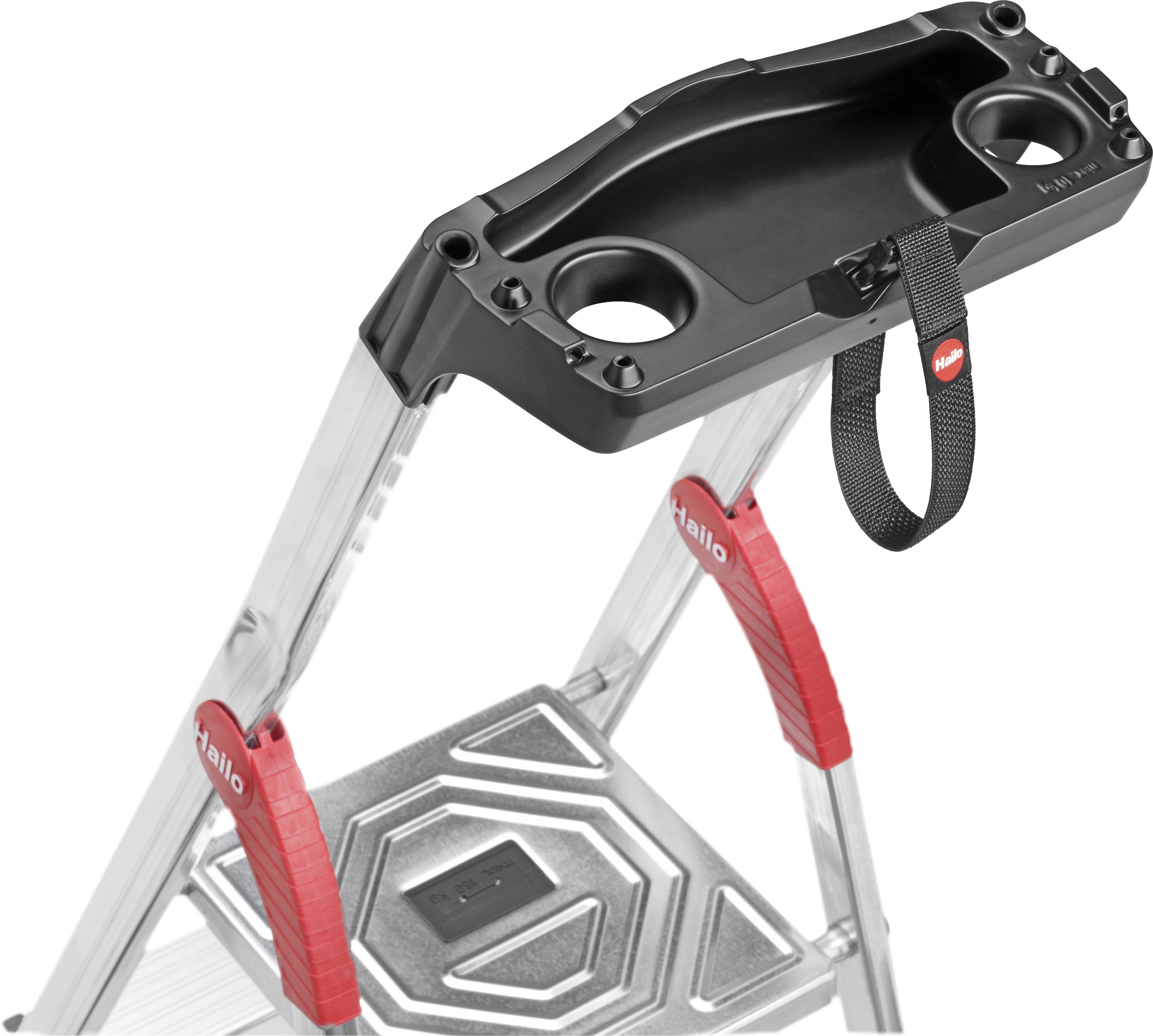 Aluminium-Stehleiter mit rotem Firmentag, schwarzer Ablage für Werkzeuge, zwei Stufen, rutschfeste Trittflächen.