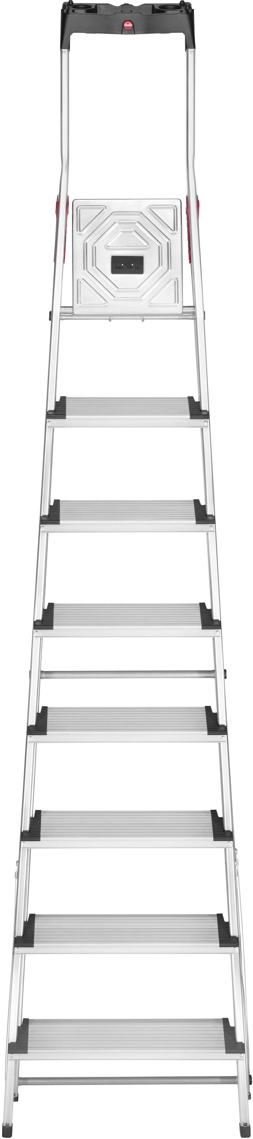 Eine weiße Klappleiter mit sieben Stufen, die zusammengeklappt ist.