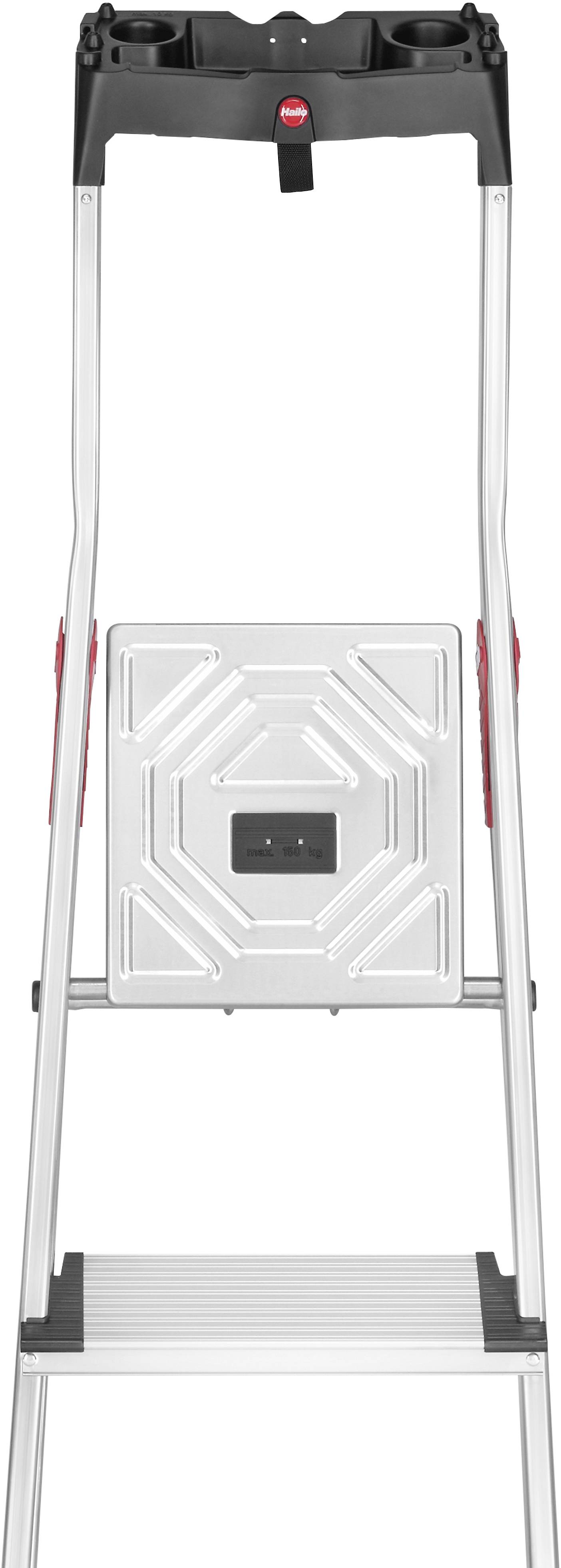 Metallene Klappleiter mit vier Stufen, geeignet für den Innengebrauch. Robust und stabil, ideal für Arbeiten in der Höhe.