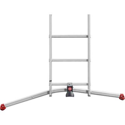 Silberne Aluminiumleiter mit roten Gummifüßen auf ausklappbaren Standfußstützen für erhöhte Stabilität.