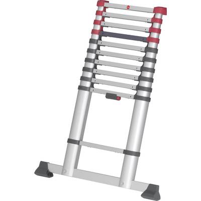 Teleskopleiter mit rotem und grauem Design, vollständig ausgefahren, zeigt Stufen und stabile Basis für sicheren Stand.
