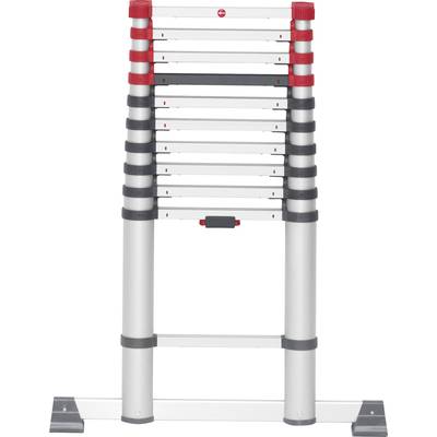 Teleskopleiter aus Aluminium, zusammengeschoben. Rote und schwarze Verriegelungsmechanismen sind sichtbar.