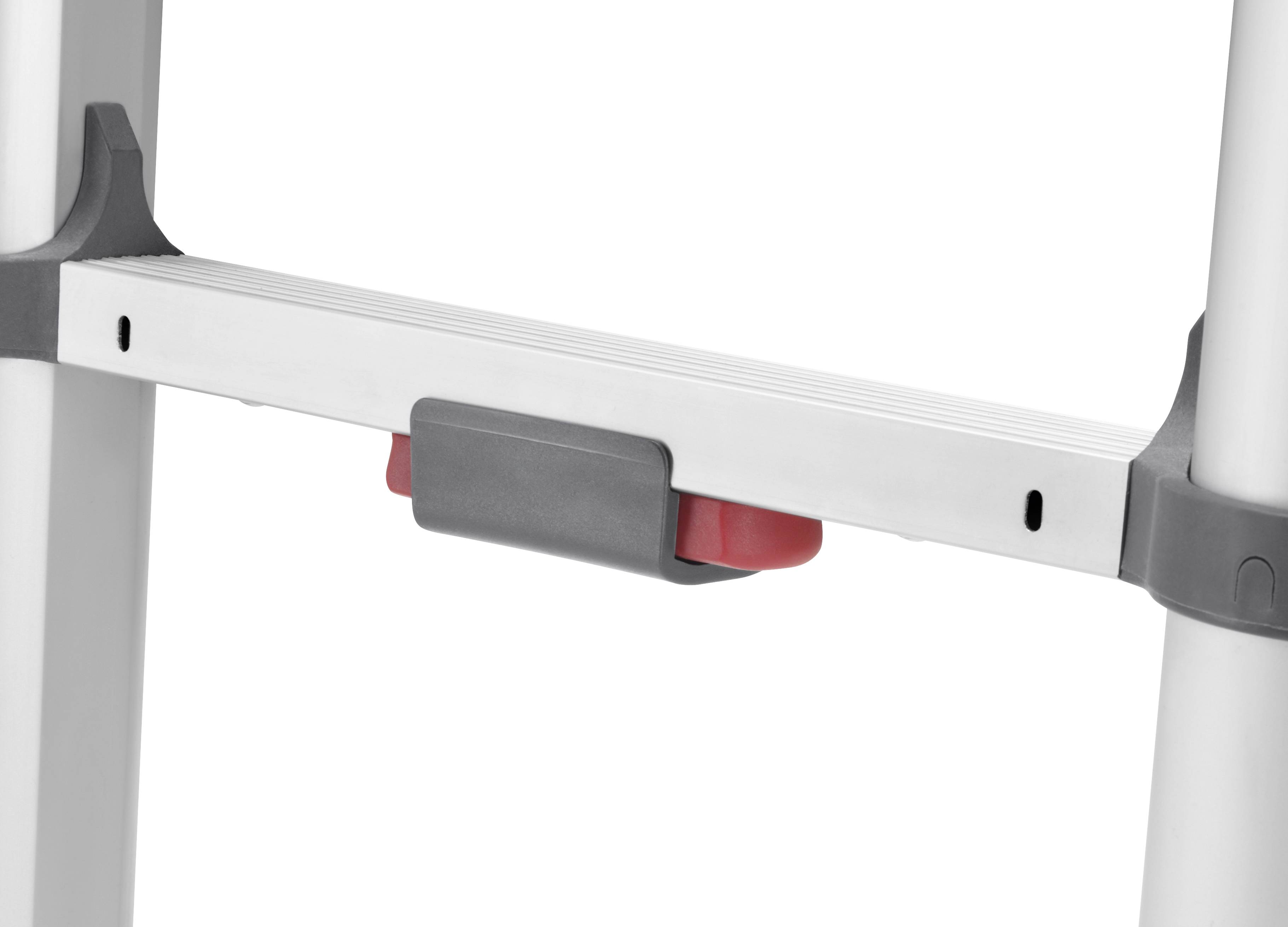 Ein Abschnitt einer Teleskopleiter mit grauem und rotem Verriegelungsmechanismus zwischen den Sprossen.