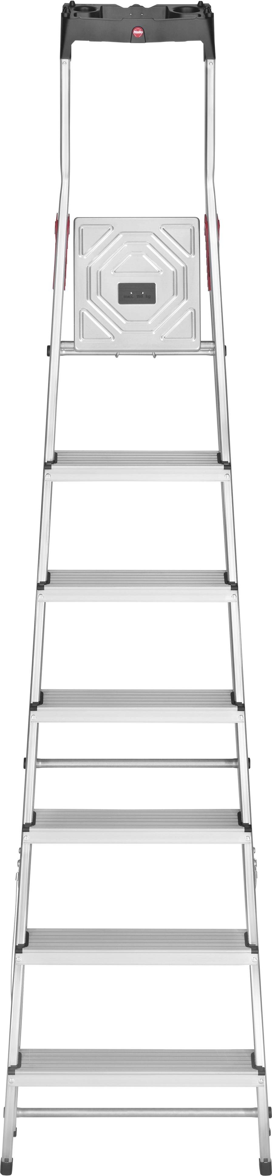 Eine silberne Aluminiumleiter mit sechs Stufen. Die Leiter steht aufrecht und zeigt einen stabilen, rutschfesten Stand.