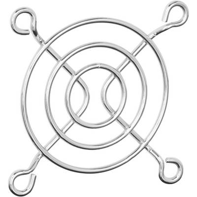Ein silberfarbenes, rundes Metallgitter mit vier gebogenen Haken an den Ecken, das als Schutz oder Halterung für Ventilatoren verwendet wird.