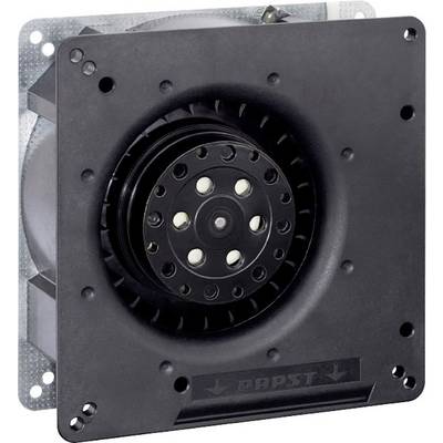 Ein quadratischer, schwarzer Lüfter mit zentralem Rotor und mehreren Schaufeln. Der Lüfter ist in einem Metallgehäuse montiert.