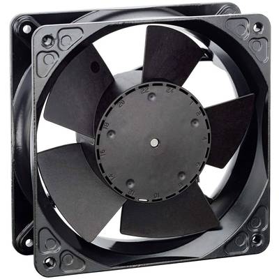 Schwarzer Computerlüfter mit fünf Rotorblättern, quadratisches Gehäuse. Essentiell für Kühlung elektronischer Geräte.