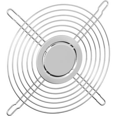 Ein runder Metallventilatorgitter, bestehend aus mehreren konzentrischen Kreisen und vier symmetrisch angeordneten Halterungen.