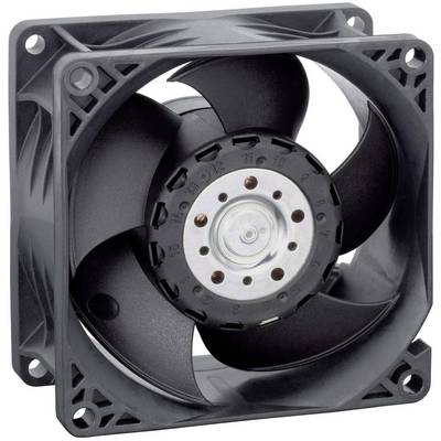 Ein schwarzer Computerlüfter mit fünf Flügeln in einem quadratischen Gehäuse, das für Kühlzwecke in Computern verwendet wird.