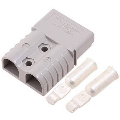 'Grauer Elektronik-Stecker mit zwei Steckverbindern und zwei silbernen Crimpkontakten, geeignet für Stromverbindungen.'