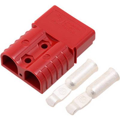 Roter Steckverbinder mit zwei silbernen Kontakten. Häufig für elektrische Verbindungen verwendet.
