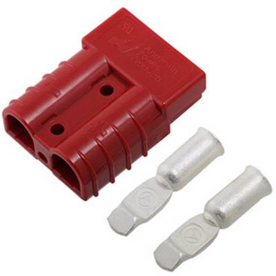 Roter Steckverbinder mit zwei Metallanschlüssen. Geeignet für elektrische Verbindungen, häufig in der Stromversorgung verwendet.