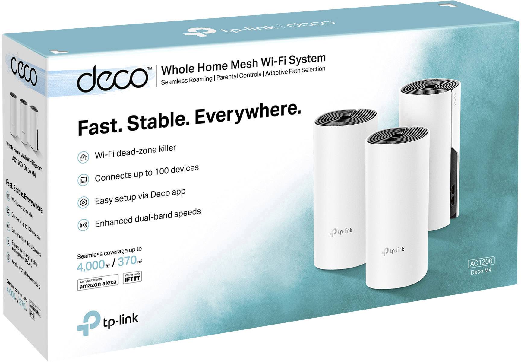 'TP-Link Deco' Mesh-Wi-Fi-System Verpackung mit drei weißen Geräten. Text: 'Fast. Stable. Everywhere.' Verbindet bis zu 100 Geräte.