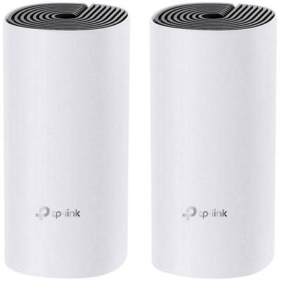Zwei weiße, zylindrische TP-Link WLAN-Router mit schwarzem, spiralförmigem Muster oben. Sie stehen nebeneinander.