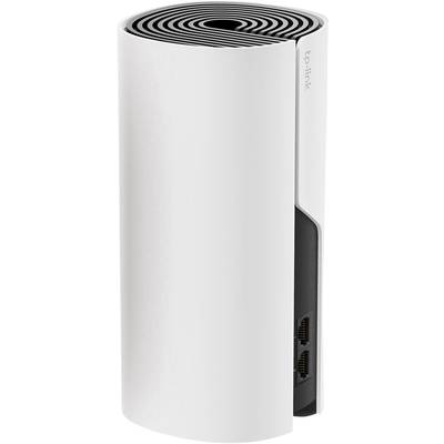 Ein weißes, zylindrisches Router-Gerät mit schwarzem Lüftungsgitter oben und zwei Ethernet-Anschlüssen seitlich.