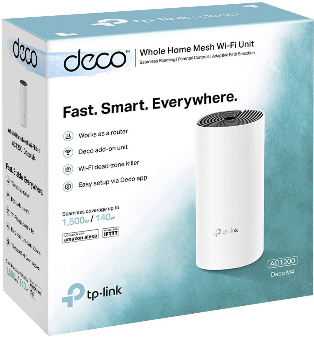 Verpackung eines TP-Link Deco M4 Wi-Fi Geräts. Text beschreibt Funktionen: als Router, Mesh-Netzwerk, einfache Einrichtung und Kompatibilität.
