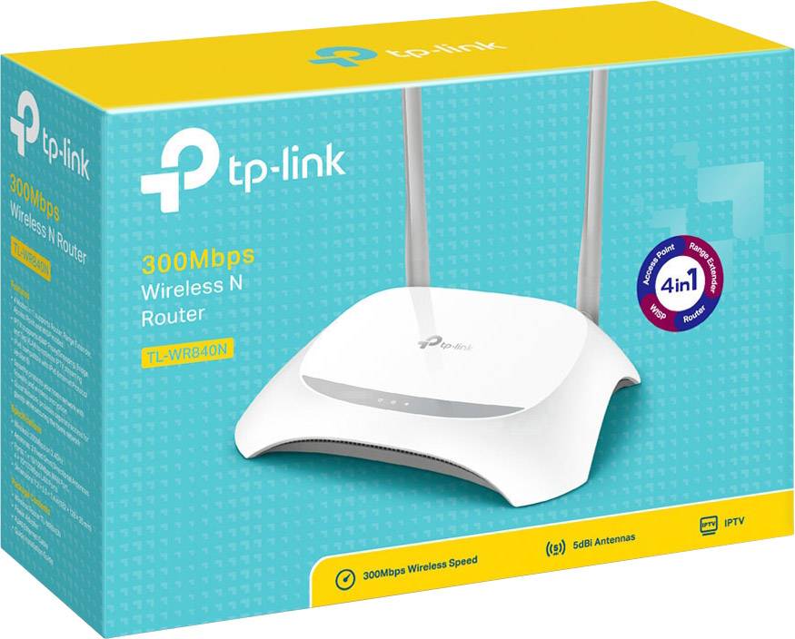 'TP-Link 300Mbps Wireless N Router' Verpackung. Enthält ein weißes Router-Gerät mit zwei Antennen. Modell: TL-WR840N.