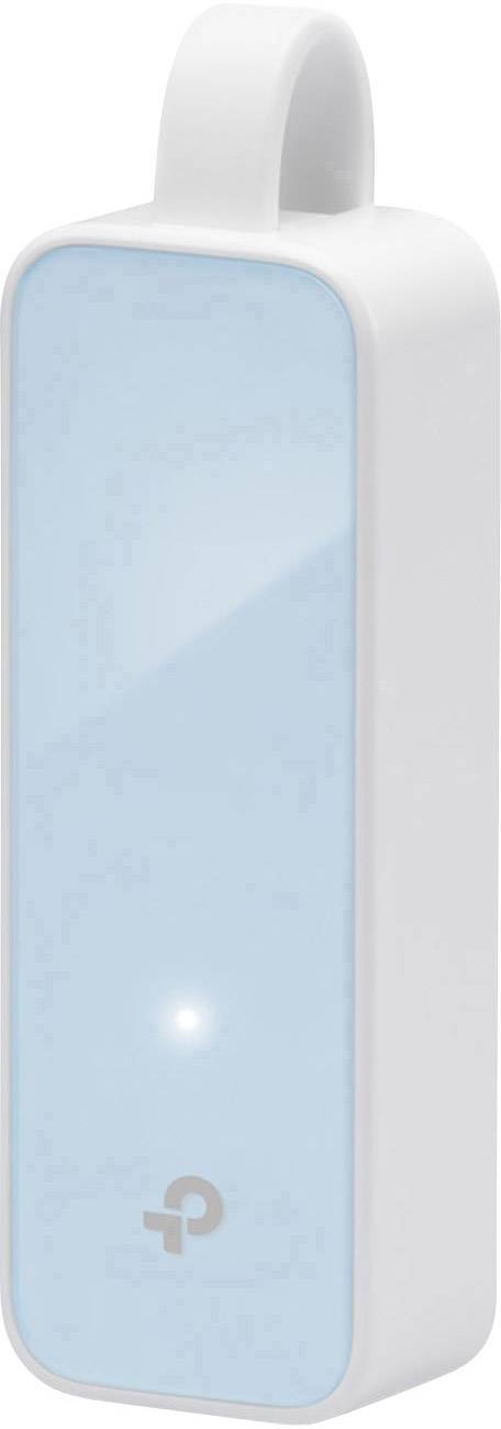 Ein kleiner, rechteckiger, weißer Netzwerkadapter mit einem hellblauen Frontpanel und dem TP-Link-Logo. Er verfügt über einen USB-Anschluss.