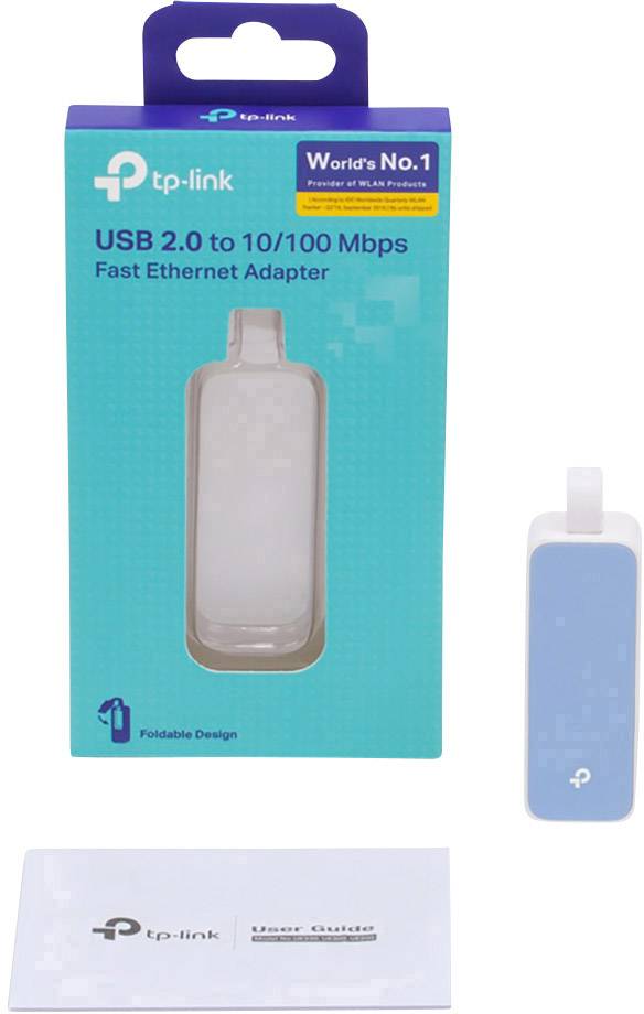 USB 2.0 zu 10/100 Mbps Fast Ethernet Adapter von TP-Link, mit blauem und weißem Design. Enthalten sind Verpackung und Benutzerhandbuch.