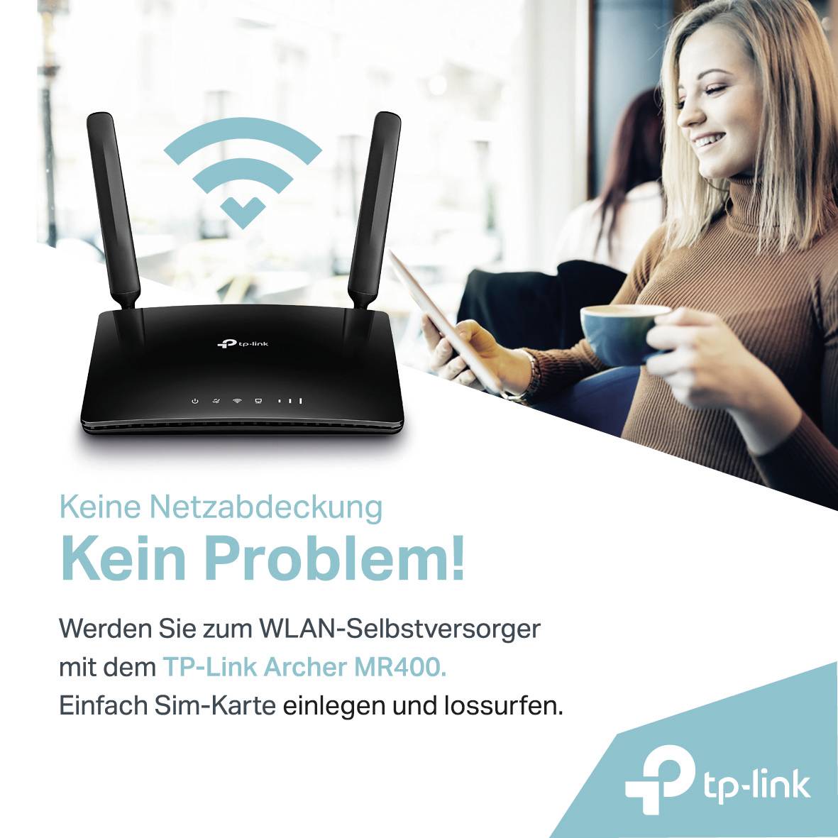 WLAN-Router von TP-Link mit zwei Antennen. Text: 'Keine Netzabdeckung? Kein Problem! Werden Sie zum WLAN-Selbstversorger.'