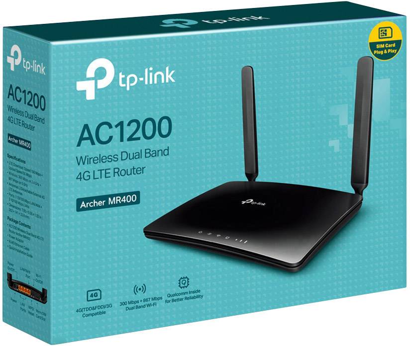 Ein TP-Link AC1200 Wireless Dual Band 4G LTE Router, Modell Archer MR400, in einer grünen Verpackung mit Abbildung des Routers vorne.