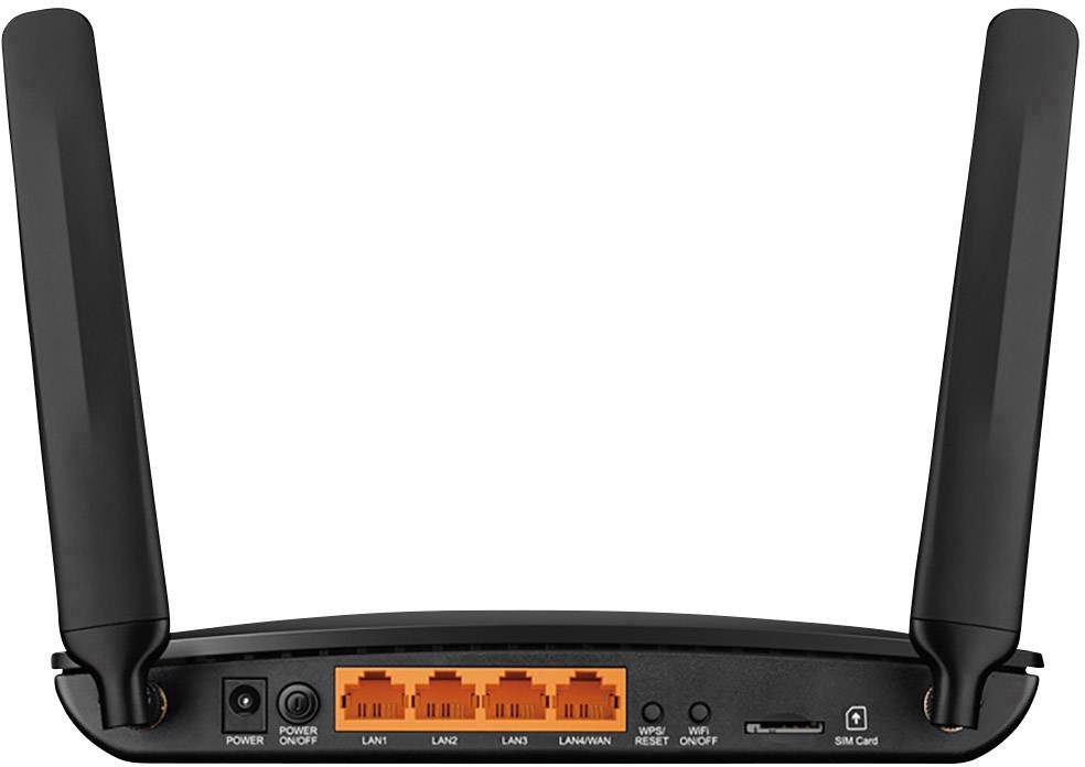 Ein schwarzer WLAN-Router mit zwei Antennen. Die Rückseite zeigt Anschlüsse für LAN-Kabel, SIM-Karte und einen Ein-/Ausschalter.