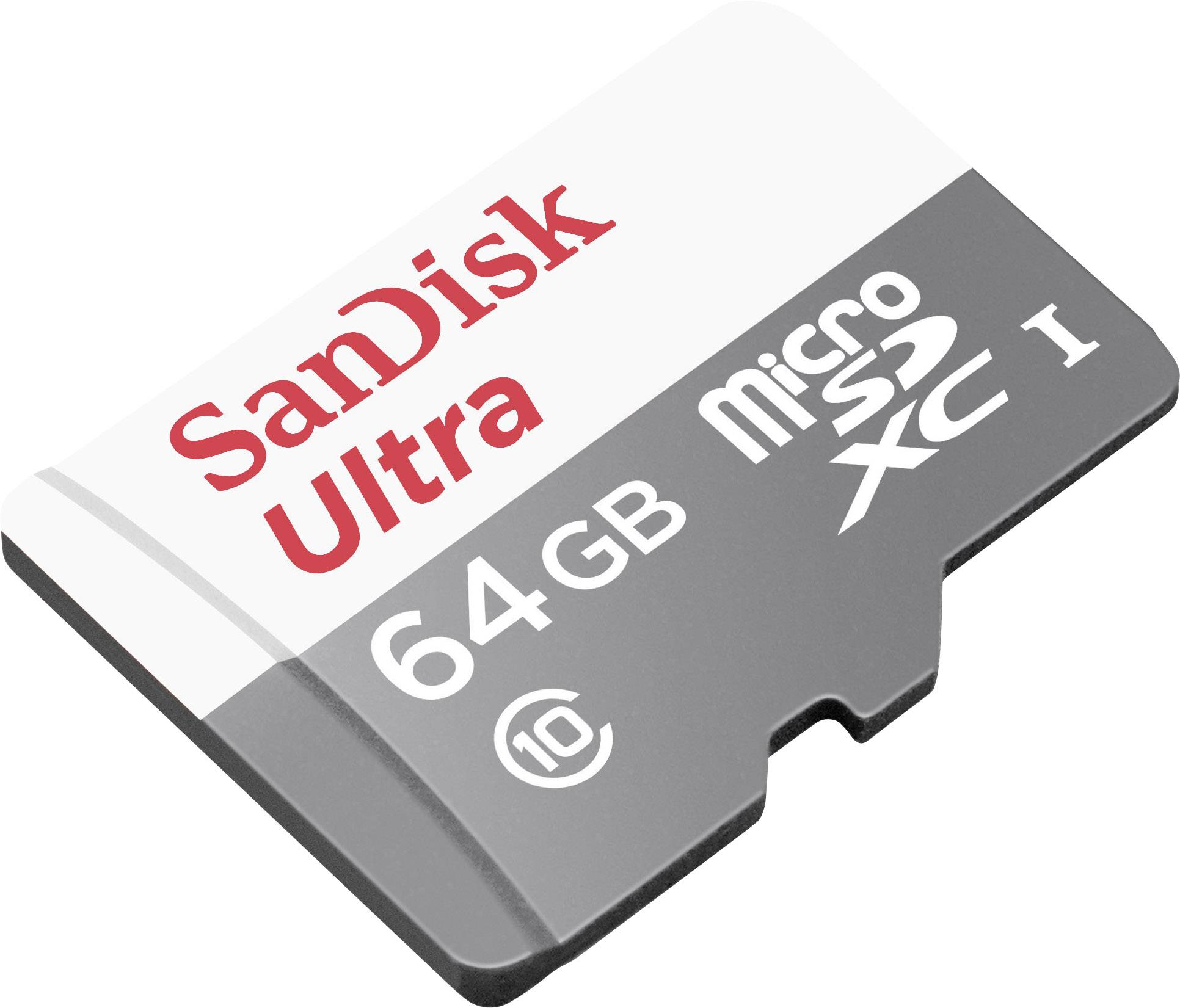 Eine graue SanDisk Ultra microSDXC Speicherkarte mit 64 GB Kapazität.