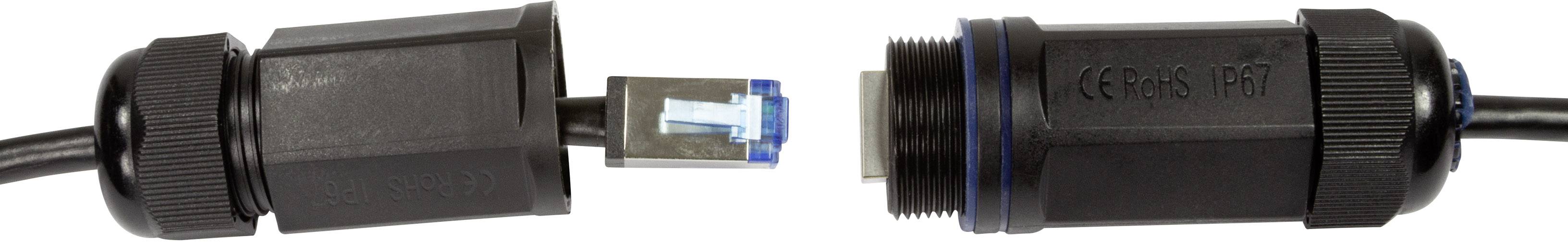 Ein wasserdichter Ethernet-Stecker links wird mit einer Buchse rechts verbunden, beide haben schwarze, robuste Gehäuse.