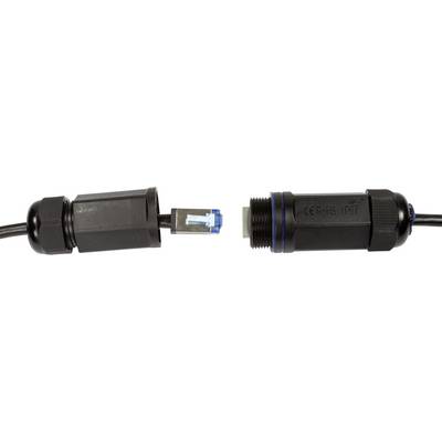 Ein wasserdichter Ethernet-Stecker links wird mit einer Buchse rechts verbunden, beide haben schwarze, robuste Gehäuse.