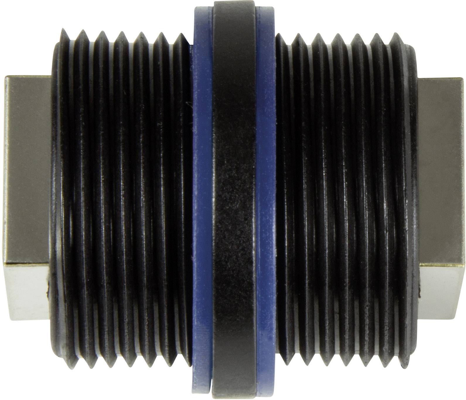 Ein zylindrisches, metallenes Verbindungselement mit geriffelten Rändern und einem blauen Ring in der Mitte, möglicherweise für Rohre.