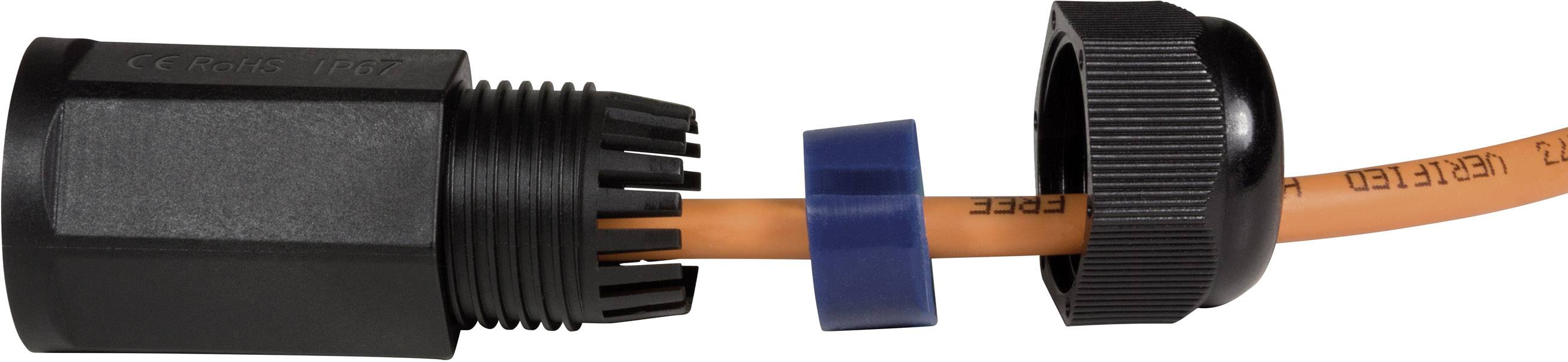 Ein orangefarbenes Kabel wird durch einen schwarzen, zylindrischen Kabelverbinder geführt. Auf dem Kabel steht 'BREFF 868'.