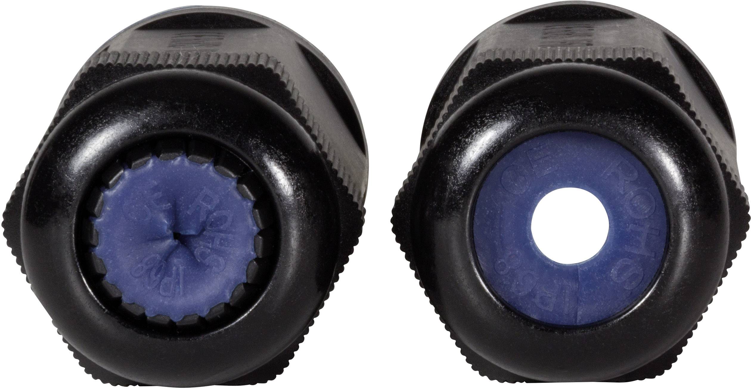 Zwei schwarze Kappen, eine mit geschlossenem, blauen Verschluss und die andere mit einer zentralen Öffnung im blauen Bereich.