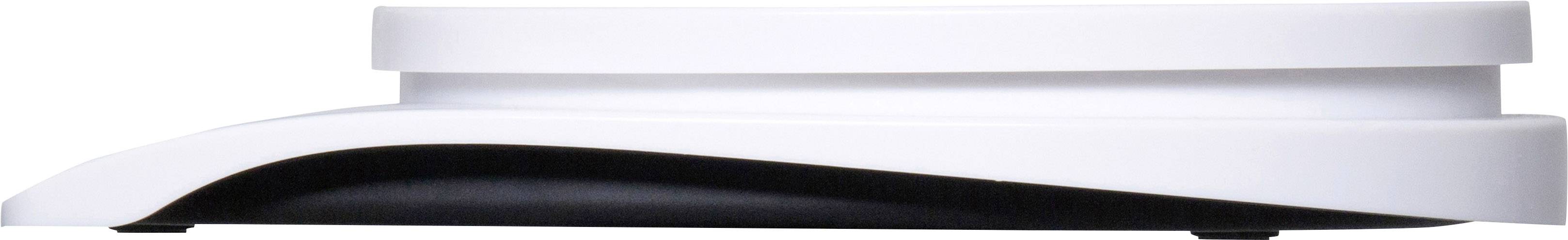 Ein flacher, runder, weißer Geräteteil mit geschwungenem Design. Es könnte ein Lautsprecher oder Elektronikgerät sein.