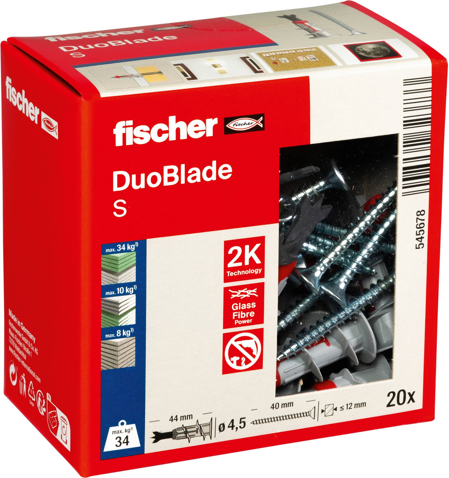 "Fischer DuoBlade S" Dübel-Set für die Wandbefestigung. Rote Verpackung mit Bildern von Schrauben. Gekennzeichnet für Mauerwerk und leichte Befestigungen, 20 Stück.