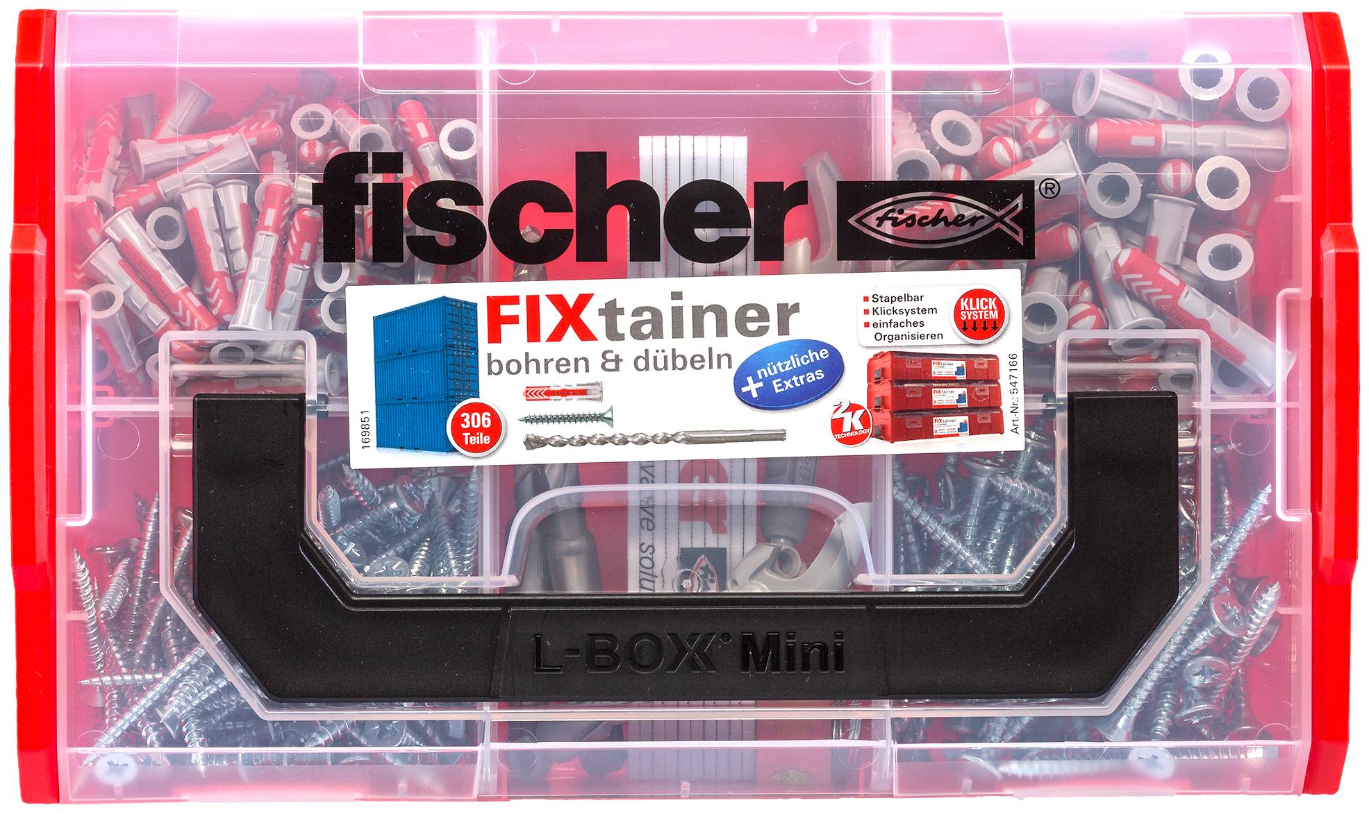 Transparenter Fischer FIXtainer-Hardcase gefüllt mit assortiertem Schrauben-, Dübel- und Befestigungsmaterial, beschriftet mit „bohren & dübeln" und „L-BOXX Mini".