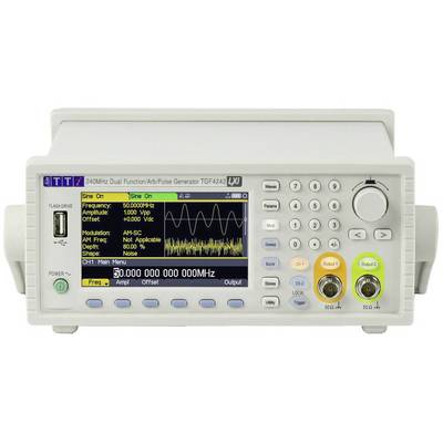 Ein elektronischer Frequenzgenerator mit digitalem Display zeigt Wellenform und Frequenzen an. Bedienelemente und Anschlüsse sind sichtbar.