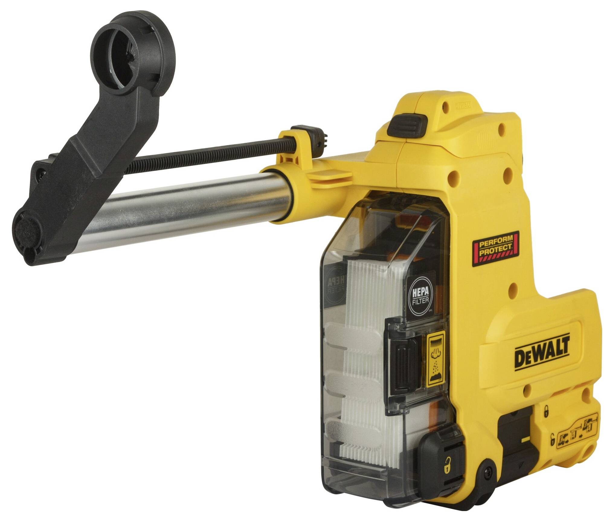 Gelber, tragbarer HEPA-Staubsaugeraufsatz von DeWalt, geeignet für Elektrowerkzeuge, mit transparentem Behälter und schwarzem Arm.