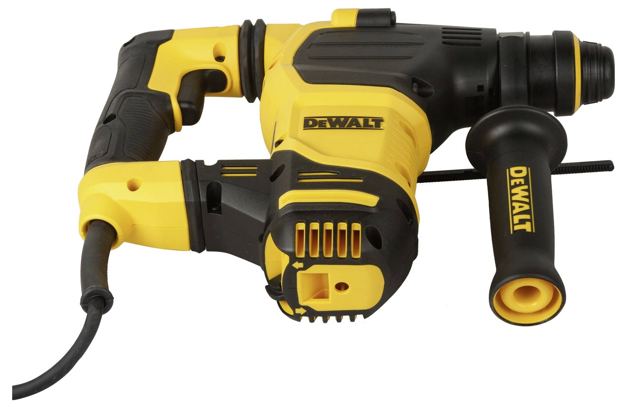 Ein gelber und schwarzer Elektrowerkzeug-Bohrhammer einer bekannten Marke, geeignet für schwere Bohrarbeiten.