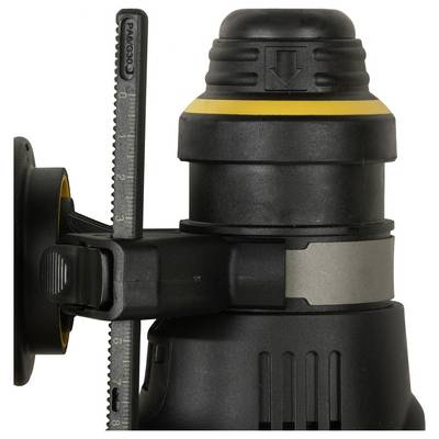 Laser, vertikal ausgerichtet, mit schwarz-gelbem Gehäuse und Skala, ideal für Bauarbeiten und präzises Vermessung.