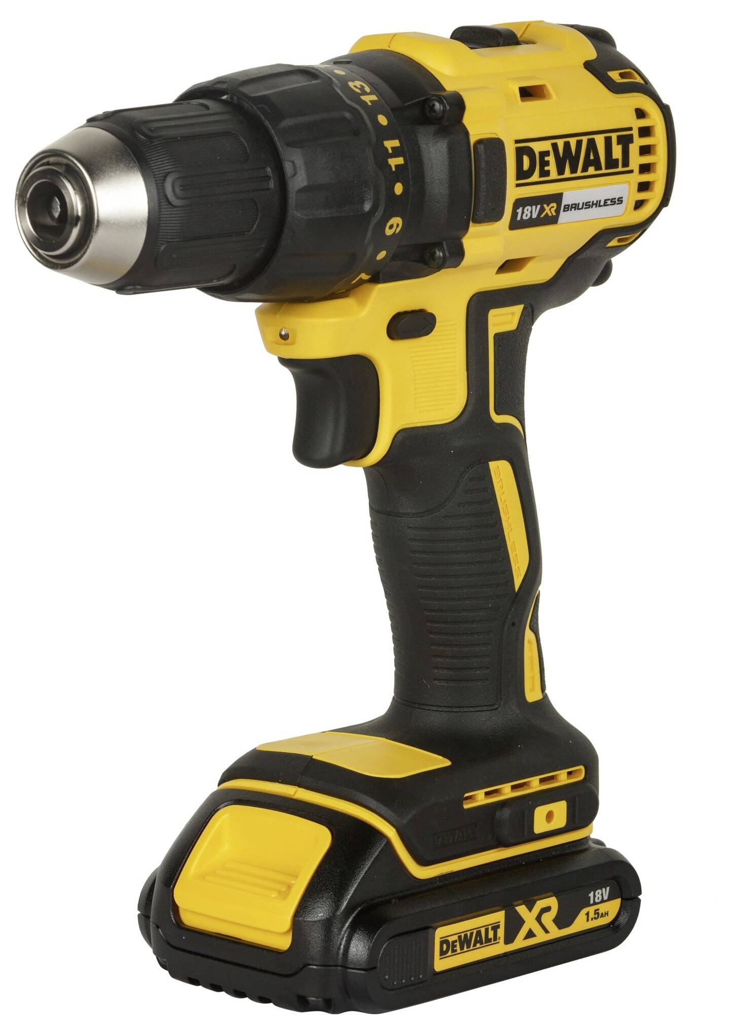 Ein gelber und schwarzer kabelloser Akkuschrauber der Marke DeWalt, Modell 18V XR, für handwerkliche Arbeiten.