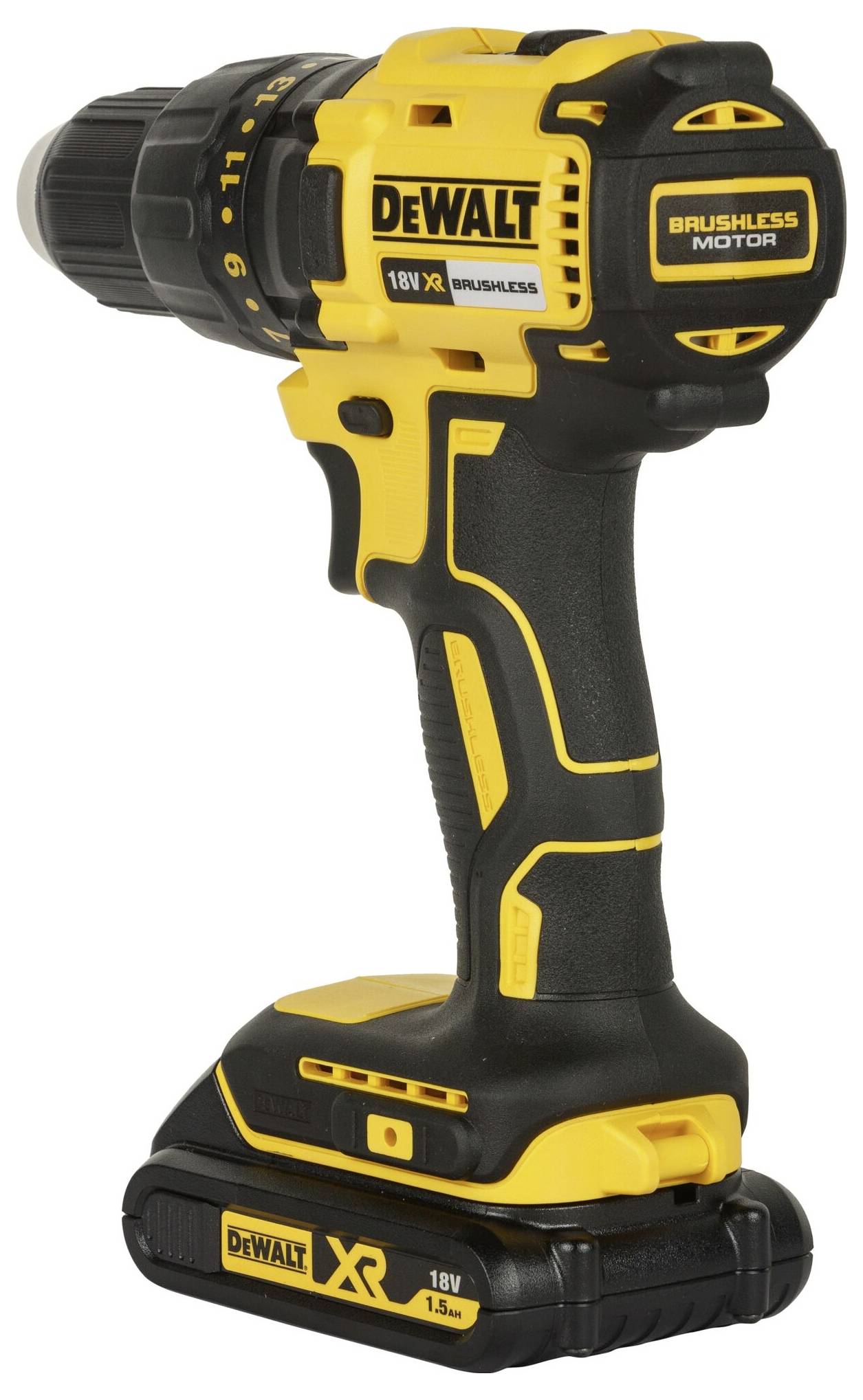 Ein gelber und schwarzer Akkuschrauber mit Aufschrift 'DeWALT 18V XR Brushless Motor', stehend auf der Batterieeinheit.