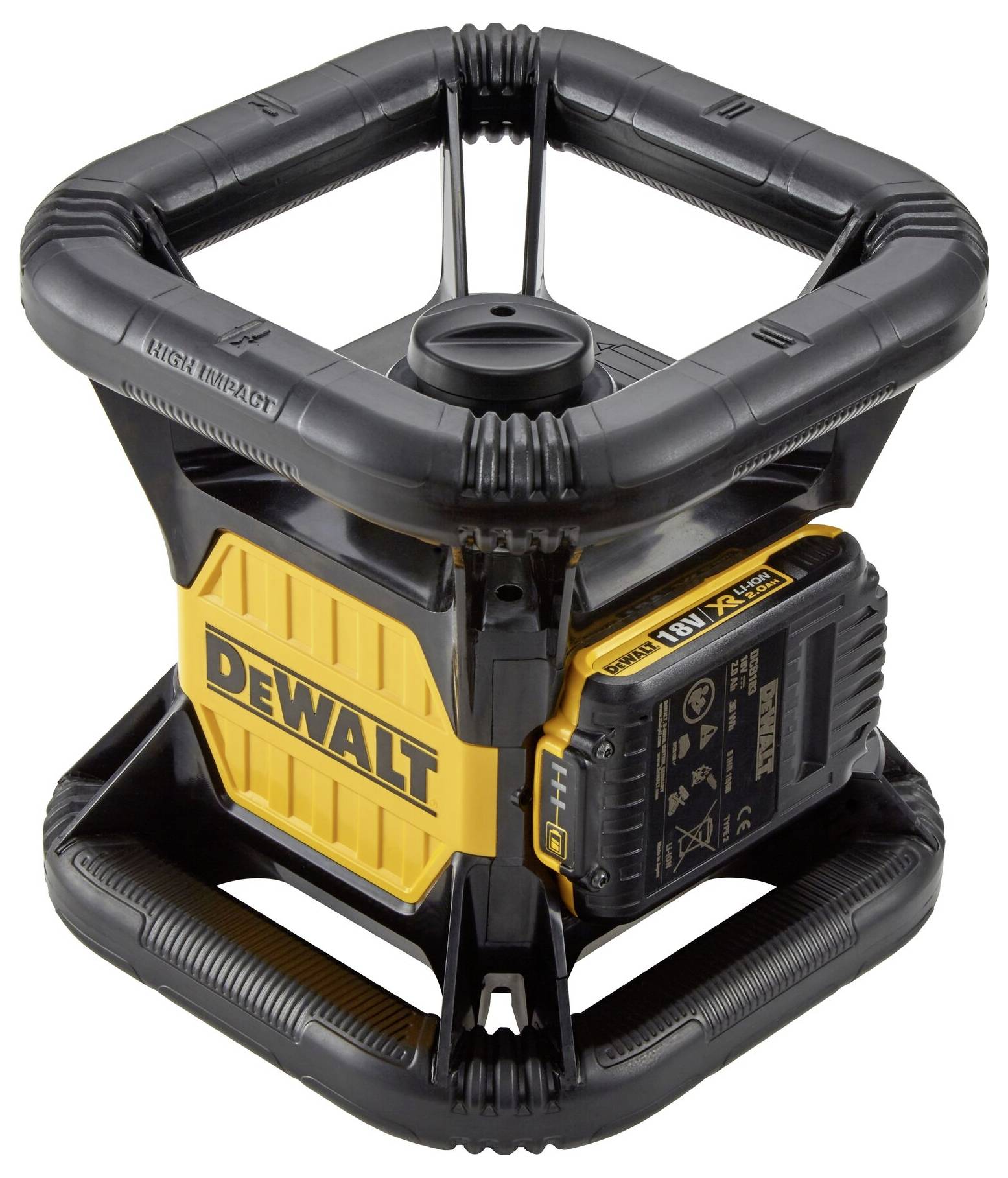 Akku-betriebener Baustellenradio in Gelb und Schwarz mit robustem, schützenden Rahmen. "DEWALT"-Logo vorne sichtbar.